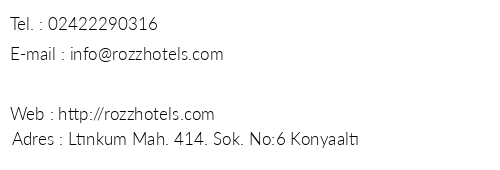 Rozz Hotel 1 telefon numaralar, faks, e-mail, posta adresi ve iletiim bilgileri